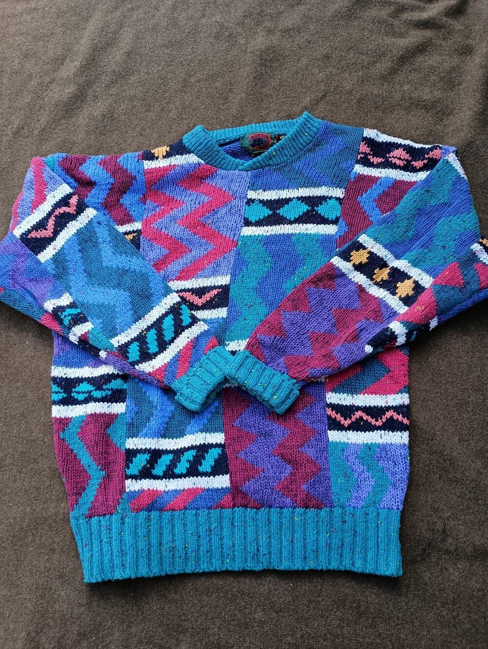 Vintage Boston Traders Women Sweater L Abstract Funky Multicolor 90s Cotton